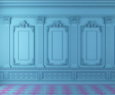 Empty classic room with moulding on turquoise wall and chequed pink foor, vibrant and bright colours empty interior with copy space, arquitectural mockup, 3d render clipart