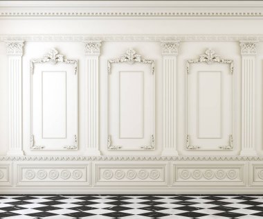 Duvarında küfler olan boş klasik oda ve kareli mermer foor, kopyalama alanı ile beyaz parlak iç döşeme, mimari modelleme, 3D