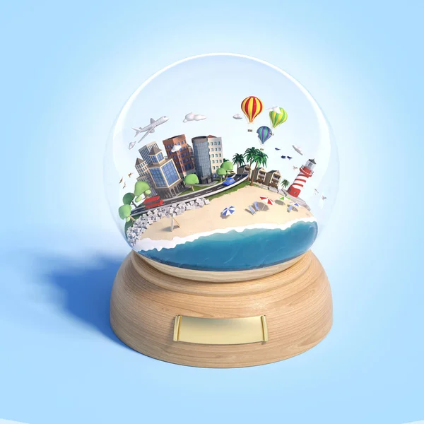 Miniatuur Strand Stad Met Gebouwen Weg Vuurtoren Vliegtuig Luchtballonnen Meer — Stockfoto