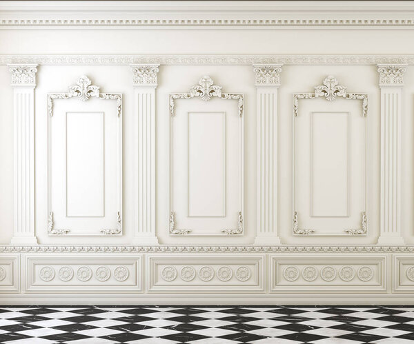 Empty classic room with moulding on wall and chequed marble foor, white bright empty interior with copy space, arquitectural mockup, 3d render