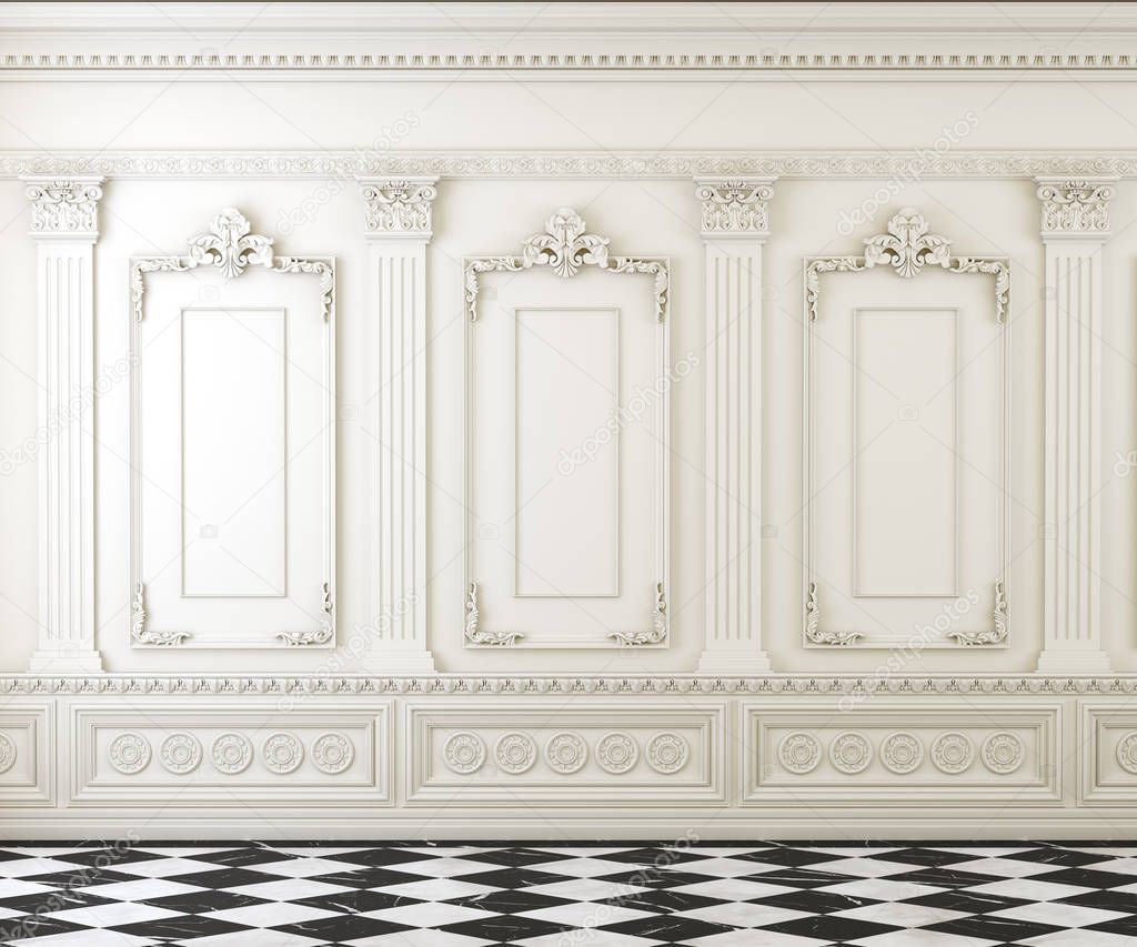 Empty classic room with moulding on wall and chequed marble foor, white bright empty interior with copy space, arquitectural mockup, 3d render