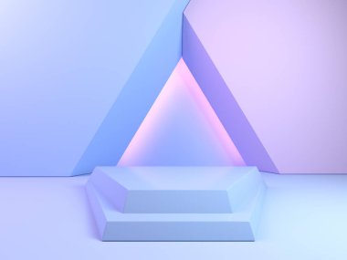 Geometrik podyumun basit soyut bir kopyası, şekil ve hacimlerin minimalist kompozisyonu pastel mavi ve pembe renkte duruyor..