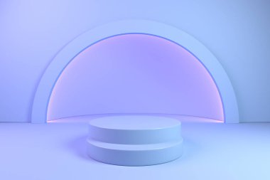Geometrik podyumun basit soyut modeli, şekil ve hacimlerin minimalist kompozisyonu pastel mavi renkli, 3d renkte görünüm standı.