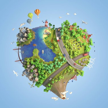 Kalp şeklinde bir dünya barışçıl ve sürdürülebilir bir yaşam tarzı, temiz enerjili yeşil bir gezegen ve güneşli bir günde sevgi ve barış konsepti olarak mutlu bir ruh hali gösteriyor. 3d hazırlayıcı