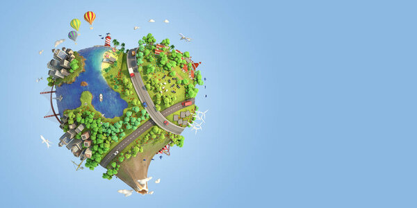 Мир в форме сердца, показывающий мирный и устойчивый образ жизни, зеленую планету с чистой энергией и счастливым настроением в солнечный день как концепцию любви и мира. 3D рендеринг
