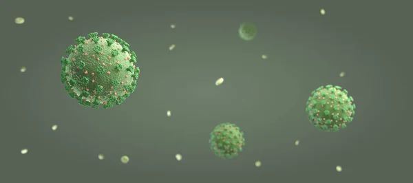 Banner Van Coronavirus Covid Gezien Onder Microscoop Een Groene Omgeving Rechtenvrije Stockafbeeldingen