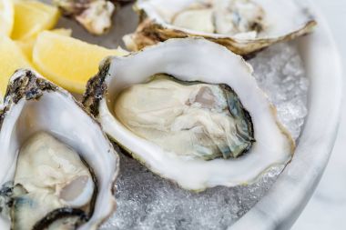 Taze istiridye tabağı sos ve limon ile