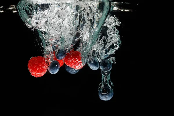 Raspberrys ve yaban mersini derin su büyük bir sıçrama ile altında düşüyor.