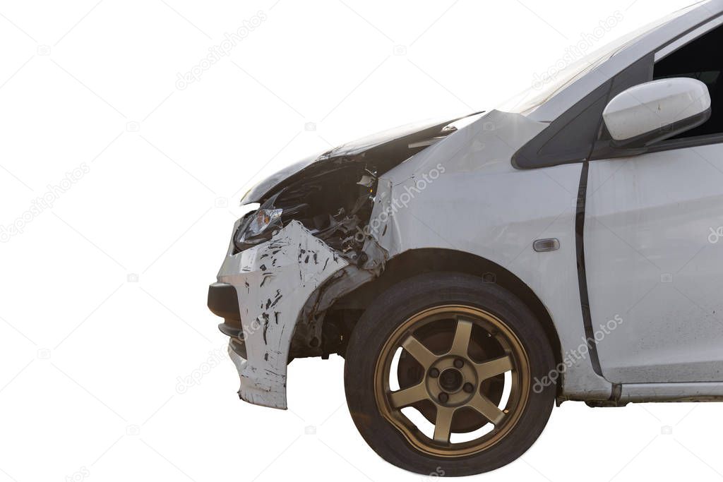 Front of white color car damaged and broken by accident isolated on white background. Save with clipping path. 