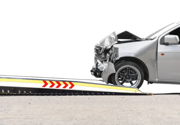 Accident Car Slide on  truck for move. Gray car have damage by accident on road take with slide truck move . Isolate on white background. — Stock Photo, Image