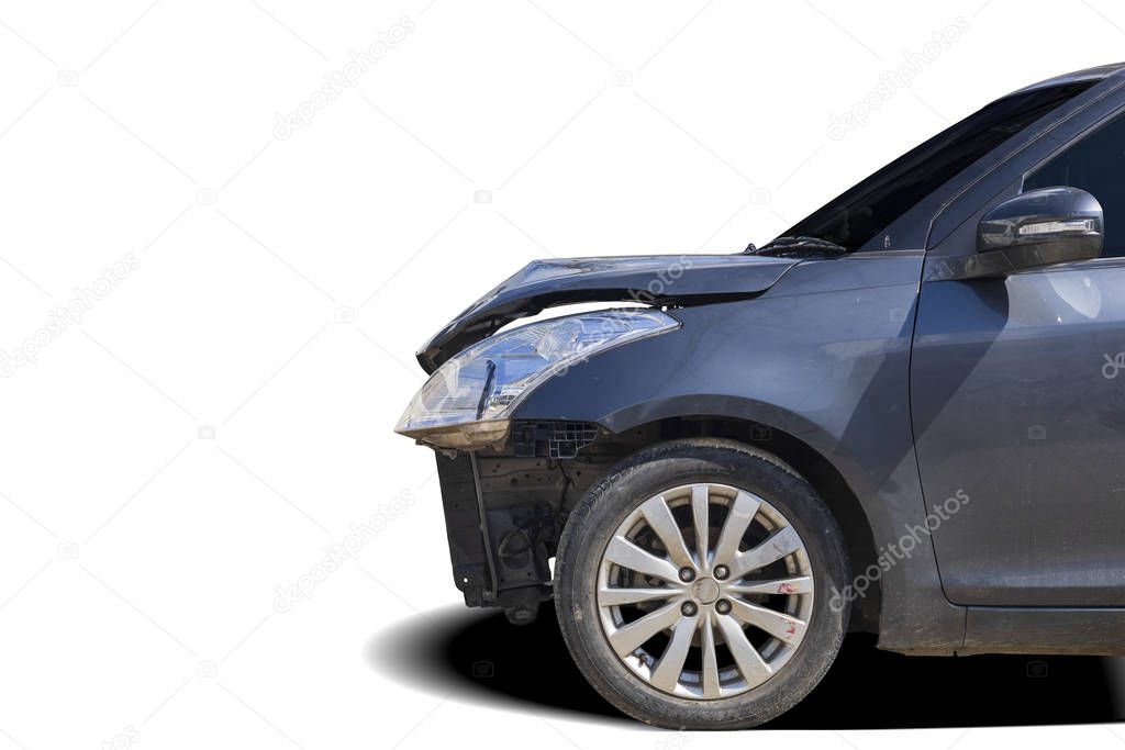 Front of black color car big damaged and broken by accident on city street parking can not drive any more. isolated on white background. Save with clipping path