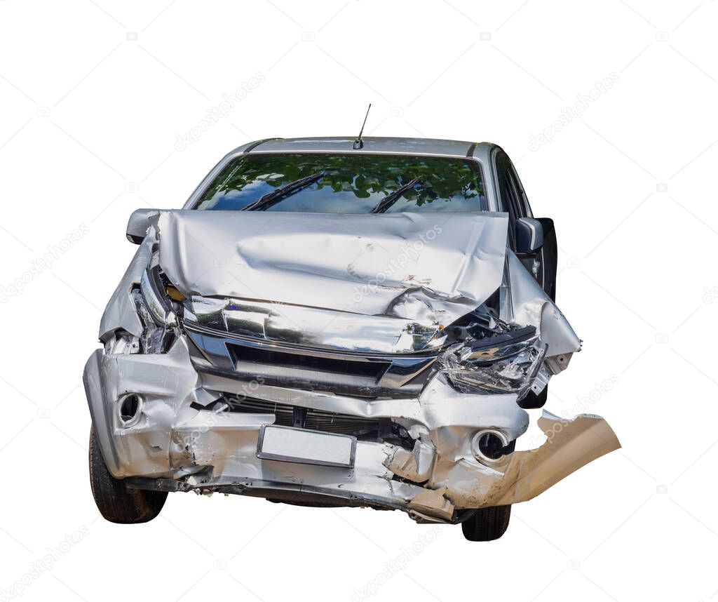 Front of gray color car damaged and broken by accident isolated on white background. Save with clipping path. 