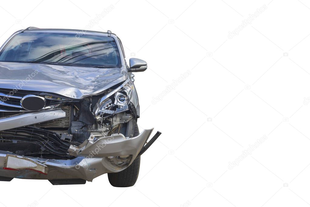 Front of gray color car damaged and broken by accident isolated on white background. Save with clipping path. 