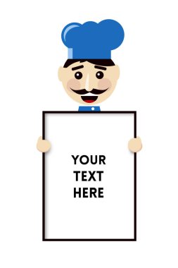 Mavi şapka dikdörtgen menü yönetim kurulu Mockup Holding ile gülümseyen Şef