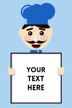 Mavi şapka Holding Meydanı menü yönetim kurulu Mockup Hüseyin ile gülümseyen Şef