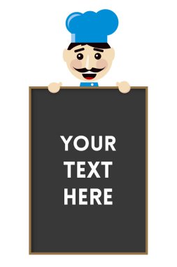 Mavi şapka büyük menü yönetim kurulu Mockup hasta Holding ile gülümseyen Şef