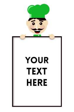 Yeşil şapkalı bir büyük menü yönetim kurulu Mockup IL tutarak gülümseyen Şef