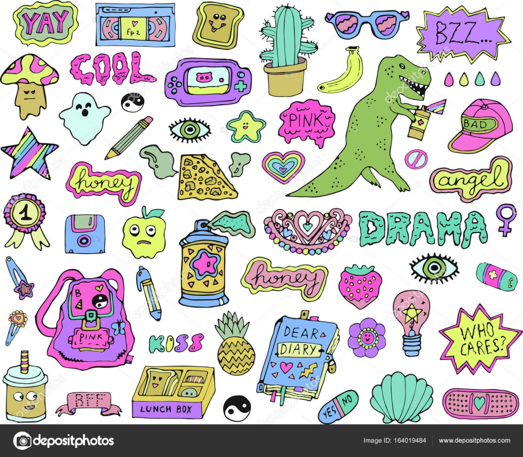 90s Stickers Pack. Set Of Trendy Retro Elements. Bright Vector