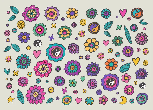 Conjunto de flores hippies de colores — Vector de stock