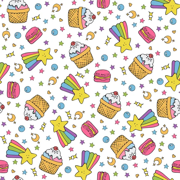 Cute seamless pattern with macaroons and cakes — Stock Vector