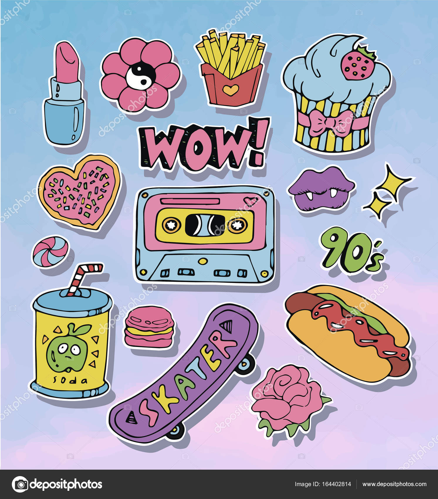 Cartoon stickers or patches set with 90s style design elements