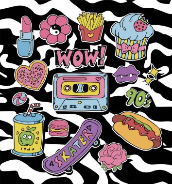 Çizgi film etiketleri veya düzeltme ekleri 90s ile stil tasarım öğeleri ayarla.