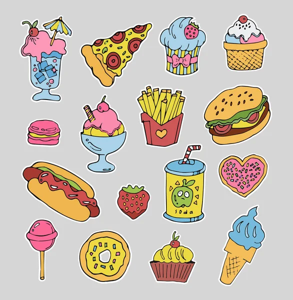 Dibujos animados comida rápida pegatinas conjunto — Archivo Imágenes Vectoriales
