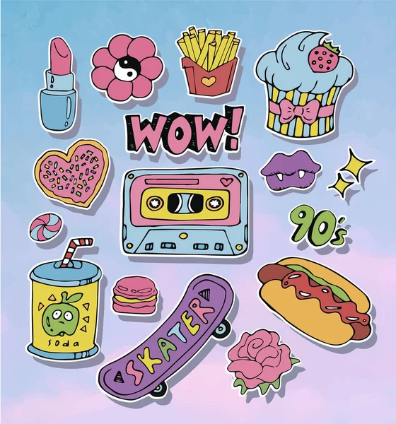 Çizgi film etiketleri veya düzeltme ekleri 90s ile stil tasarım öğeleri ayarla.