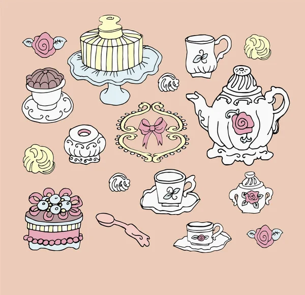 Set de fiesta de té vectorial. Lindos elementos de diseño . — Archivo Imágenes Vectoriales