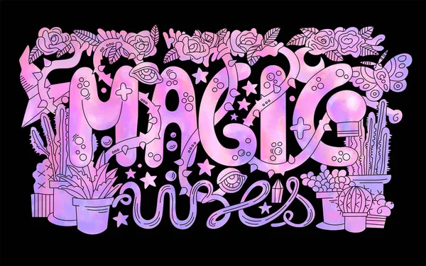 Gedetailleerde kleurrijke Magic vibes belettering — Stockvector