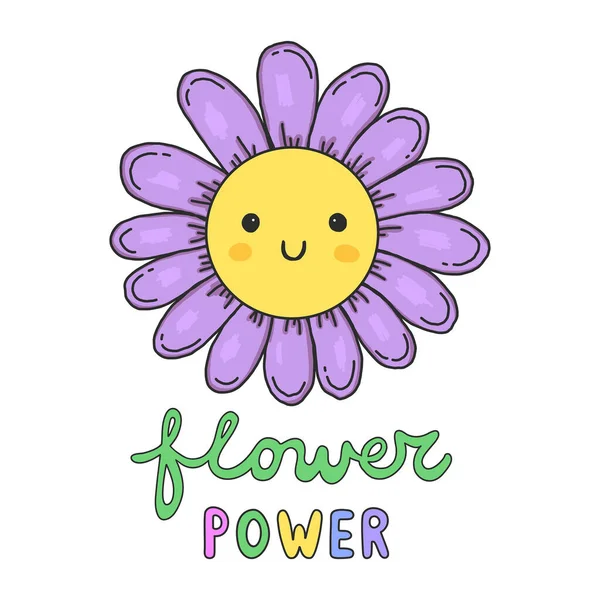 Colorido dibujado a mano garabato sonriente flor con Flower Power lett — Vector de stock