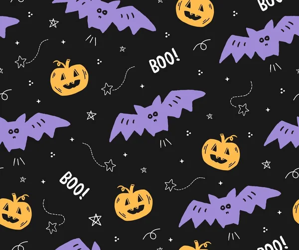 Niedliche nahtlose Halloween-Muster mit Fledermäusen und Kürbissen — Stockvektor