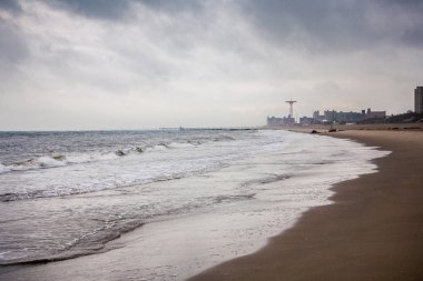 Amerika, New York Eyaleti, Atlantik Okyanusu dalgaları ve sonbaharda, Brighton Beach bir fırtına dalgaları arka plan üzerinde martı