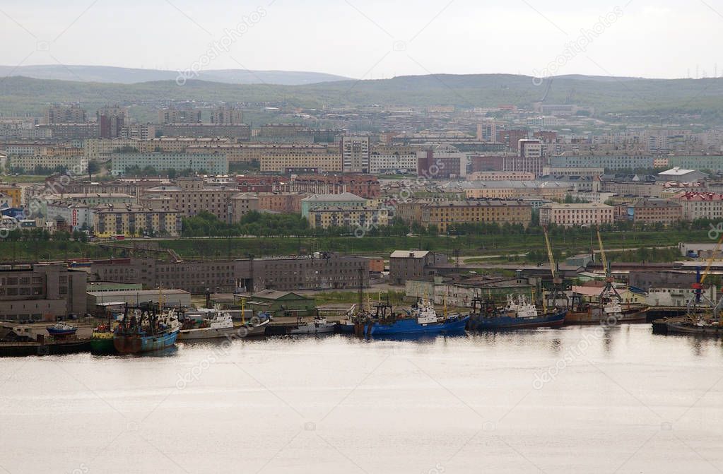 View of the fishing port, areas of the city named Central, New Plateau and Glider Field, Murmansk, Russian Federation, June 11, 2007