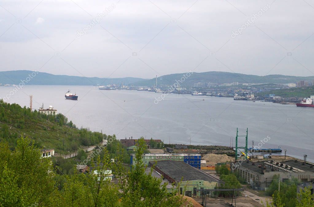View of the Kola Bay, site No. 2 of a shipyard, areas of the city named Abram-Mys and Growth, Murmansk, Russian Federation, June 11, 2007