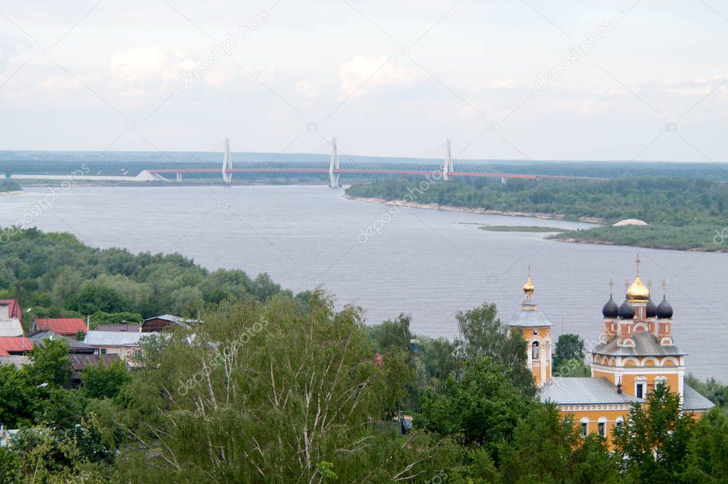 View of the river Oka, Murom cable bridge, the Church of St. Nicholas the Wet