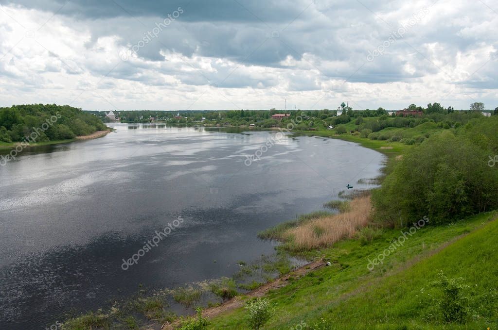 The Volkhov river and the village of Staraya Ladoga, view from the hill of prophetic Oleg