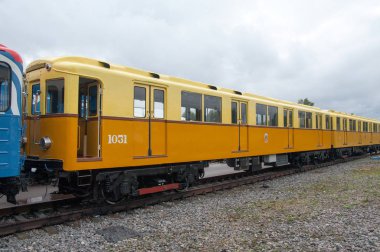 A tipi metro vagonu. Hayır. 1031, 5. Uluslararası Demiryolu Aletleri Fuarı Fuarı Fuarı 1520, Şcherbinka, Moskova, Rusya, 05 Eylül 2015