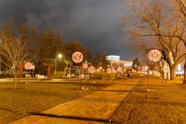 Vdnkh, Moskova, Rusya Federasyonu 'nun Güney gül bahçesinde Yeni Yıl ve Noel hafif heykelleri, 13 Aralık 2019
