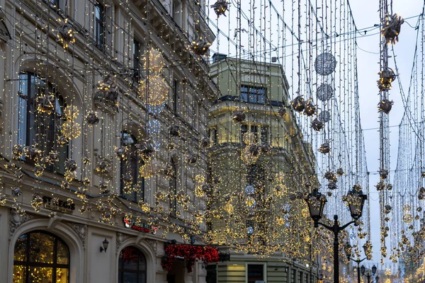 Neujahrs Und Weihnachtsbeleuchtung Der Nikolskaja Straße Moskau Russische Föderation Dezember — Stockfoto