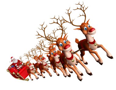 Noel Baba 'nın 3 boyutlu resmi Ren geyiği kızağına biniyor 