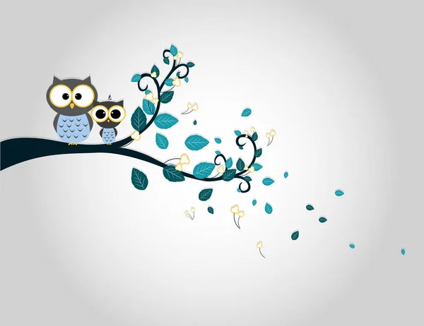 Two cute owls on a tree branch silhouette — Stock Vector