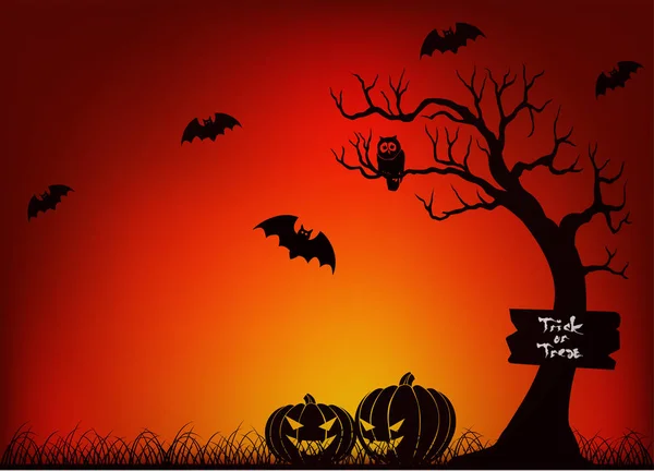 Gruseliges Halloween mit Fledermaus, Baum und Kürbis — Stockvektor