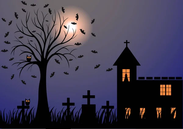 Dark night with moon, bats, trees, graves and the church — Stock Photo, Image