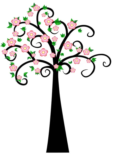 Silhouette decorativa dell'albero di primavera con foglie verdi e fiori rosa — Vettoriale Stock