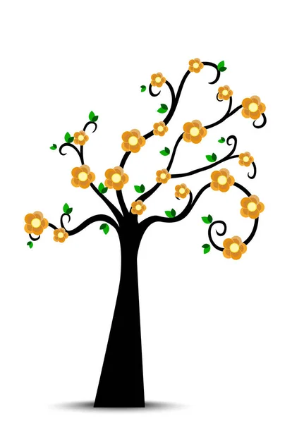 Декоративный силуэт весеннего дерева с зелеными листьями и желтыми цветами — стоковое фото
