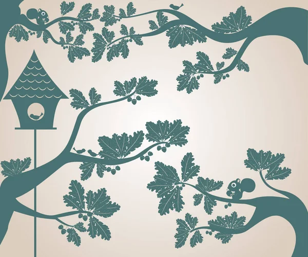 Силуэты деревьев и птичьего домика — стоковый вектор