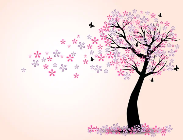 벚꽃 나무와 나비의 실루엣 — 스톡 벡터