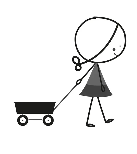 Doodle little girl pull cart — Stock Vector