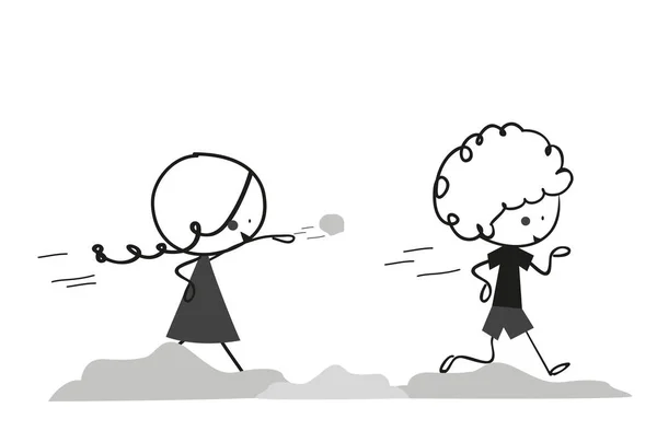 Doodle Deux Enfants Jouent Lancer Des Boules Neige — Image vectorielle